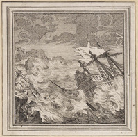 KG 12827
          <br/>
          Illustratie: Zinkend schip en drenkeling in de golven.
          <br/>
          <em>Picart, Bernard (1673-1733) - attr.</em>